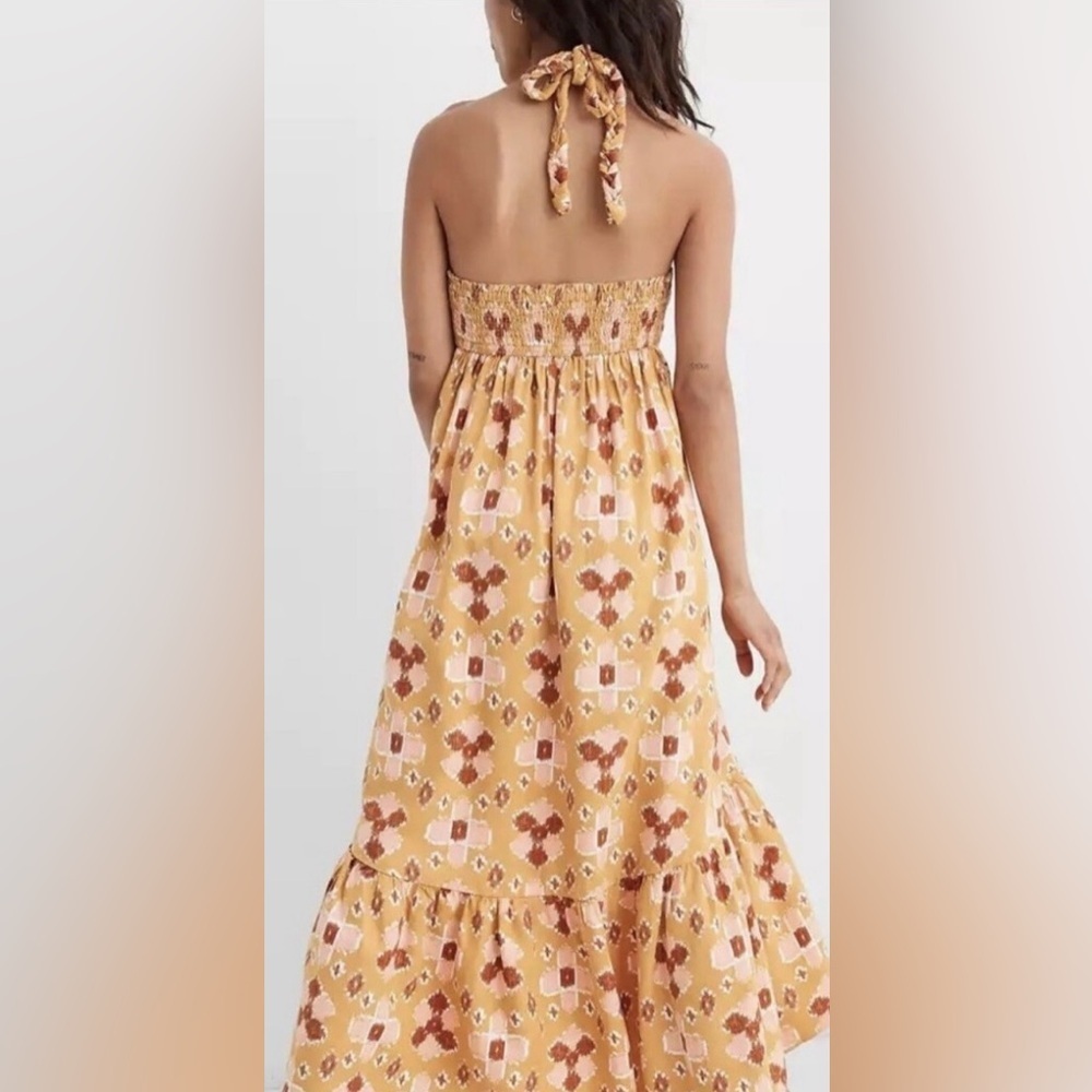 NWT aerie Mustard Yellow & Rust Floral Halter LINEN Maxi Dress sz LARGE - Picture 2 of 3